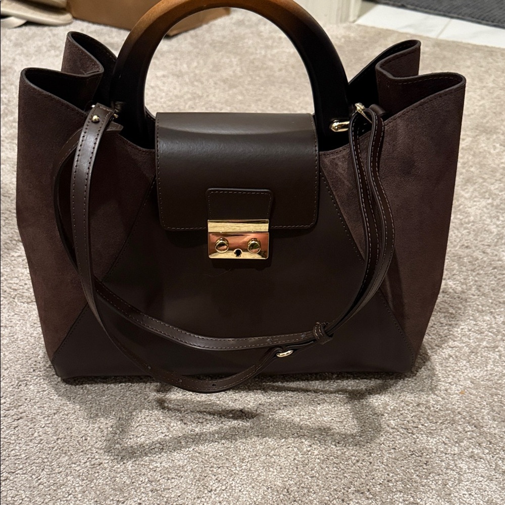 Dark Brown Suede & Leather Satchel Bag